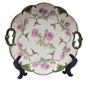 Antique AK/CD LIMOGES French Hand Painted Poppy Gold Trim Handled Cake Plate 10"